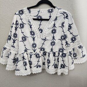 Edgely Top Womens Large White Navy Blue Embroidered Floral Cotton Boho